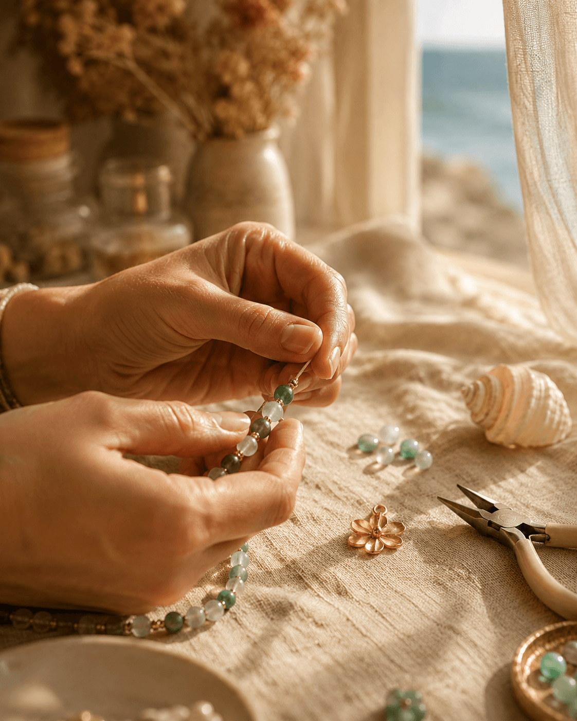 Manos engarzando a mano cuentas de jade y aguamarina junto a herramientas de joyería y una caracola sobre lino natural