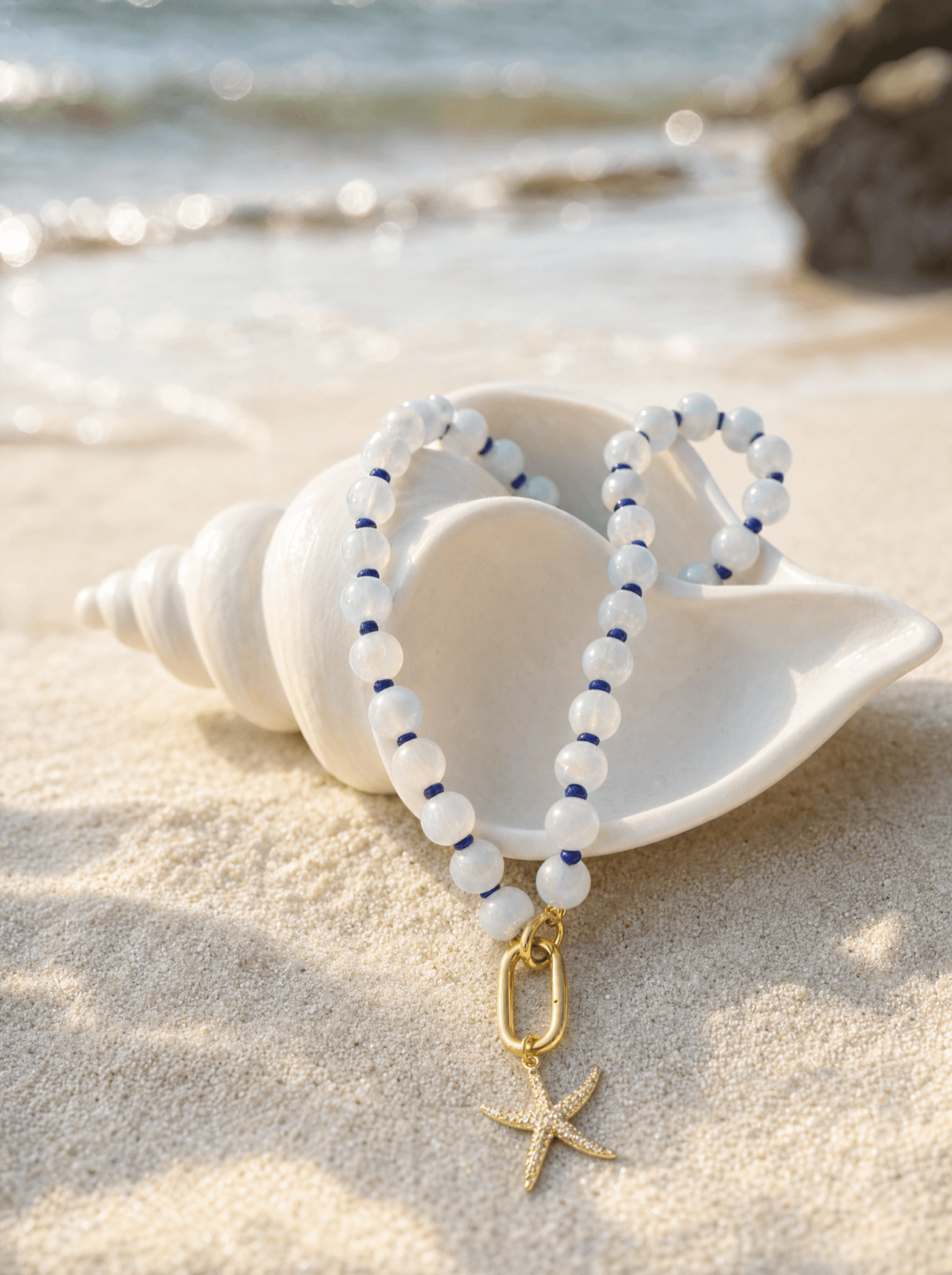 Pulsera de cuentas celestes con dije de estrella de mar dorada apoyada sobre una caracola blanca.